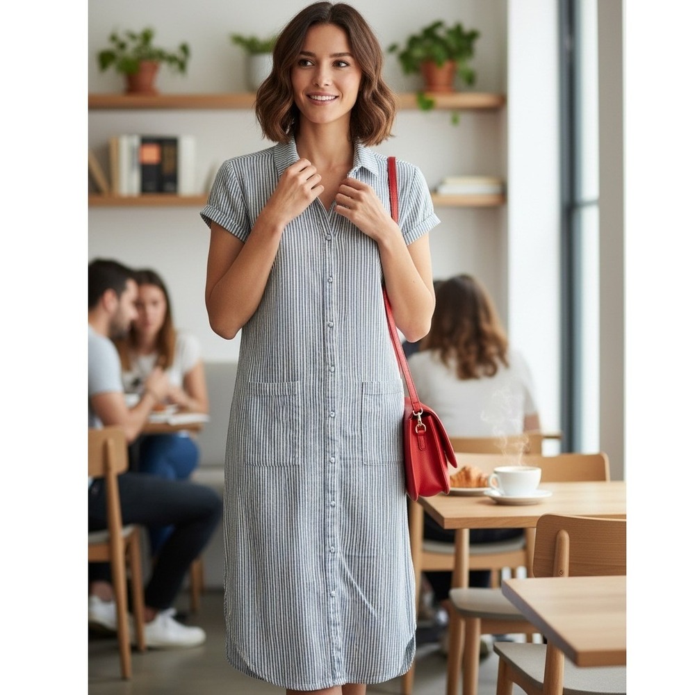 Roxy Womens Striped Button Front Midi Shirt Dress Sz M Tie Waist #254N